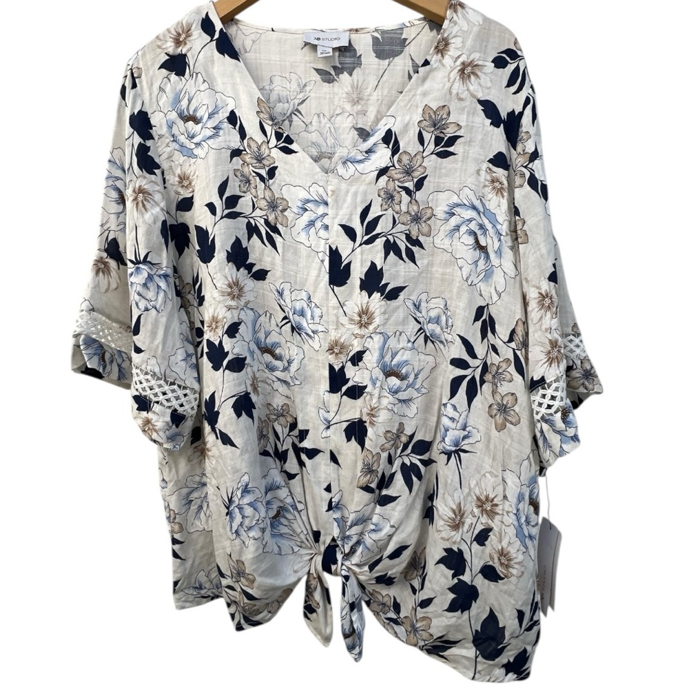 AB Studio Blouse Womens Size XXL Blue White Short Sleeve Eyelet Tie‎ New